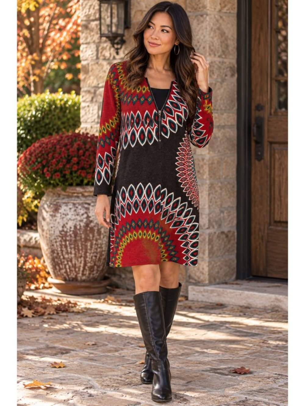 Aryeh Medium Red Black Geometric 1/4 Zip Tunic Dress Boho Artsy